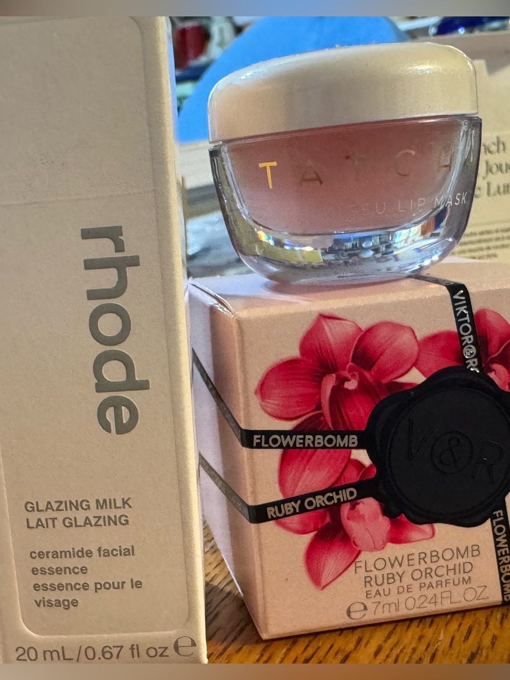 Rhode Glazing Milk, Tatcha kissu lip mask and Viktor Rolf Ruby Orchid Bundle